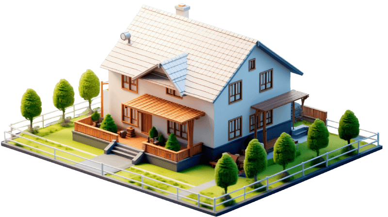 Isometric view of a charming two-story house with a well-manicured lawn and white picket fence.
