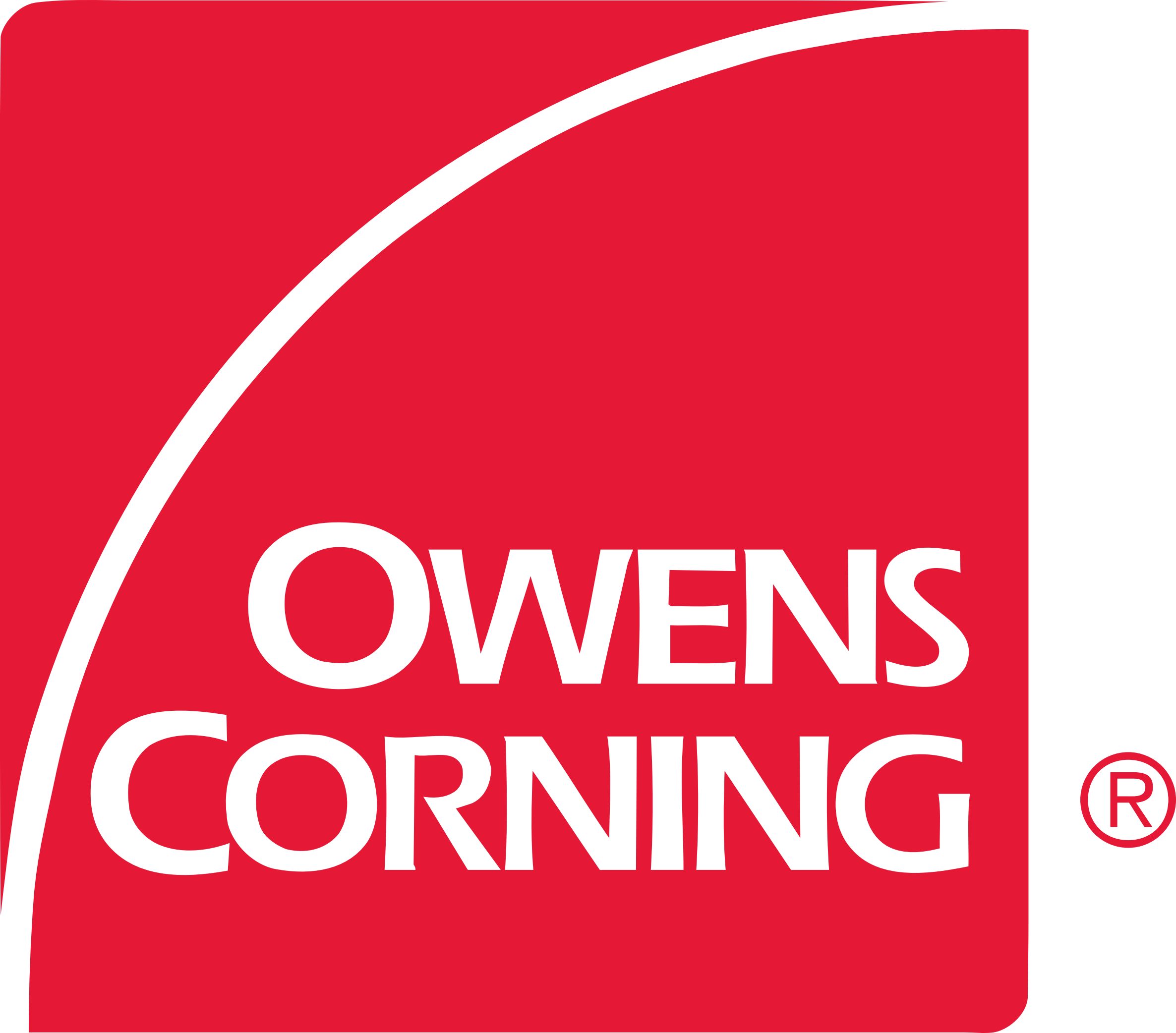Owens Corning logo featuring the company's name in white text on a red background.