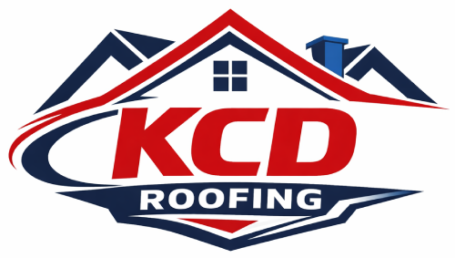 KCD Roofing logo with a red roof outline and blue accents.
