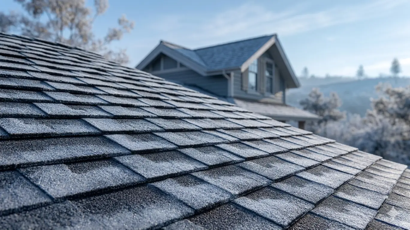 Close-up of an asphalt shingle roof covered in frost, with a house in the background.