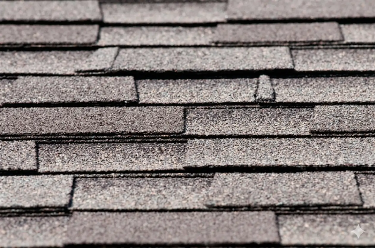 Close-up of gray asphalt shingles on a residential roof.