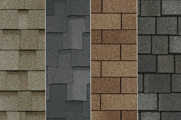 Four asphalt shingle samples in various colors and textures for roofing options.