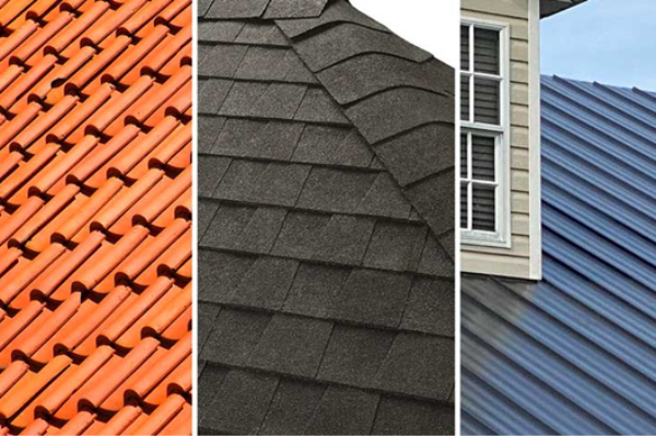 Roofing material comparison: clay tile, asphalt shingles, and metal roofing.