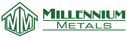 Millennium Metals logo featuring an M-shaped building outline and the company name in green text.