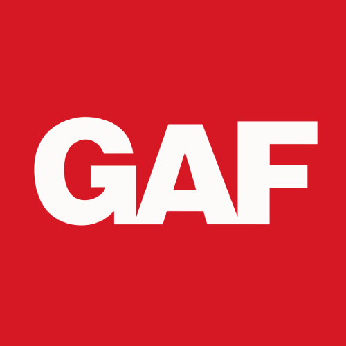 GAF logo on a red background. GAF roofing solutions.